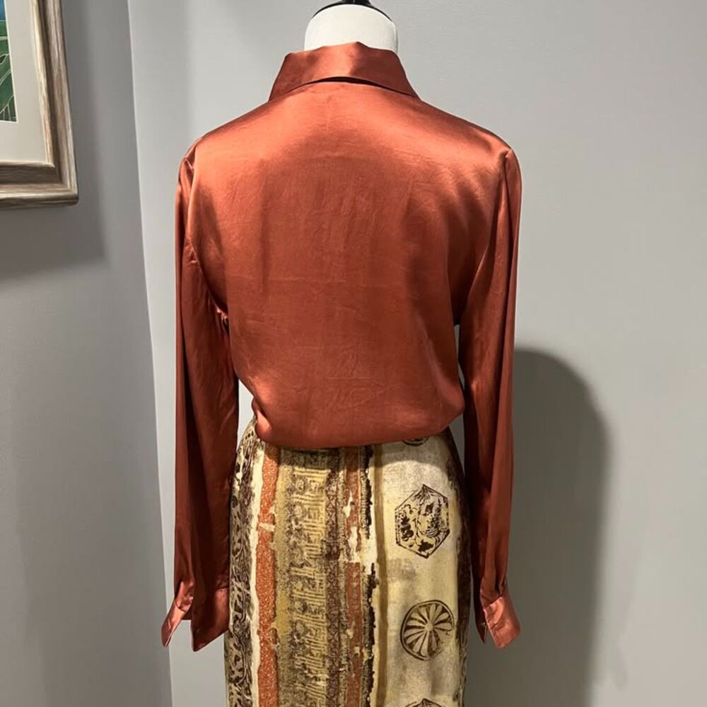 Caslon Rust Copper Pointed Collar Silk Long Sleeve Button-Down Blouse Top Medium - Picture 12 of 12
